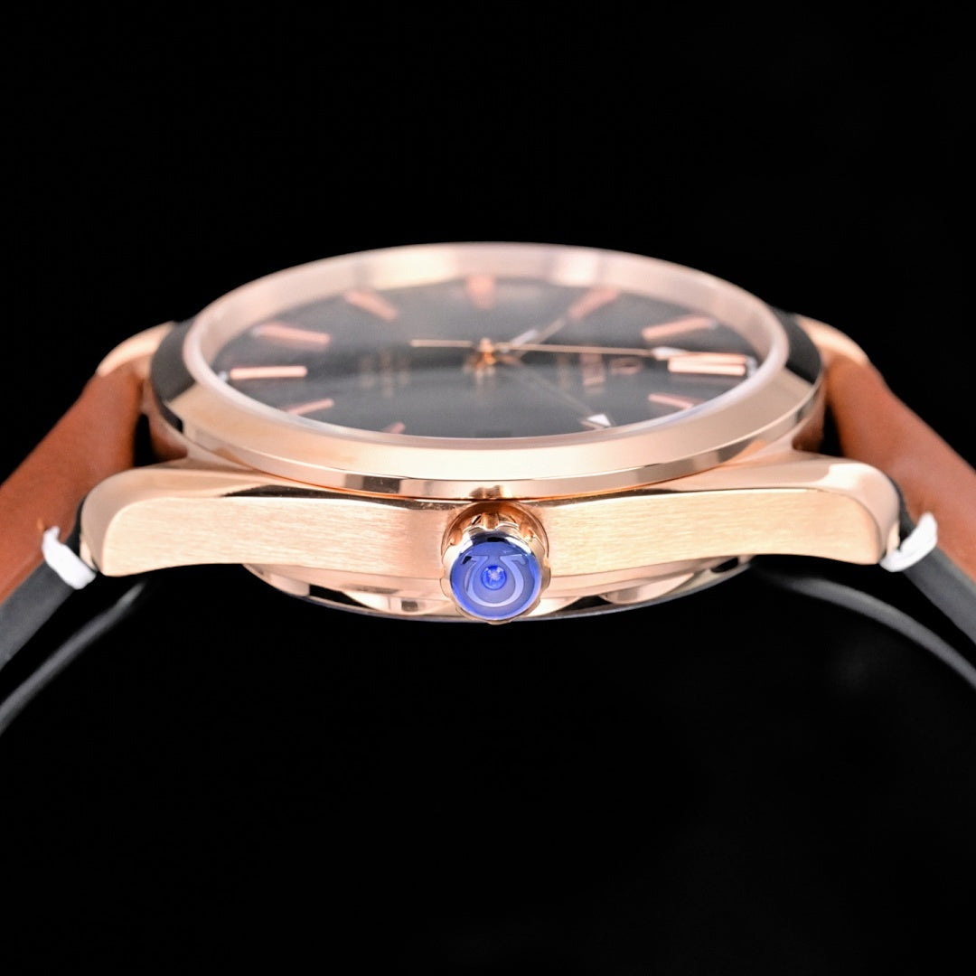 Omega Seamaster Aqua Terra – Rose Gold Black Sunburst Dial Rose Gold Indices Arrow Hands Date Tan Leather Strap