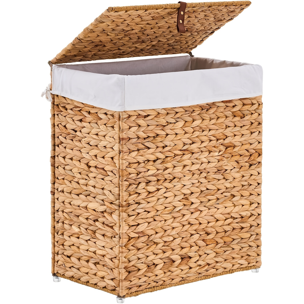 Laundry Basket with Lid & Handles - Handwoven Water Hyacinth Wicker Hamper, Removable Cotton Liner
