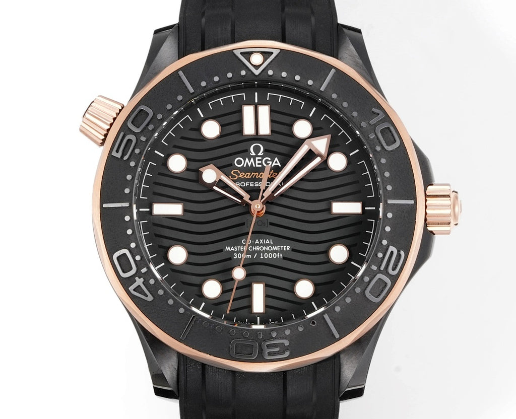 Omega Seamaster Diver 300M – Black Ceramic Everose Gold Crown Black Wave Dial Rose Gold Hands Rubber Strap