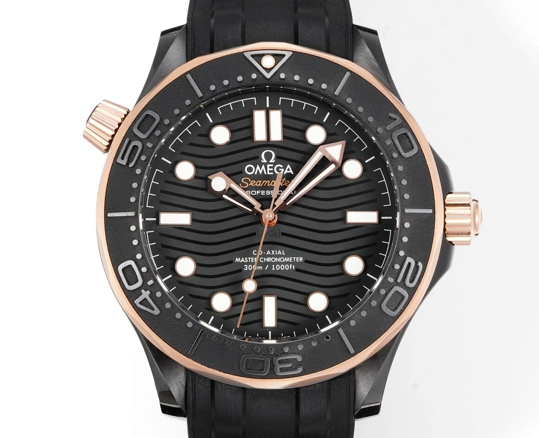 Omega Seamaster Diver 300M – Black Ceramic Everose Gold Crown Black Wave Dial Rose Gold Hands Rubber Strap