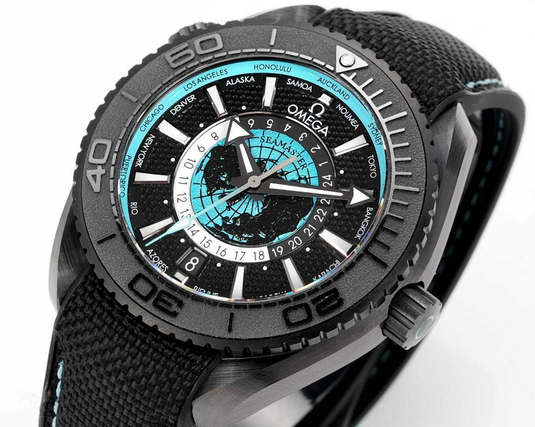 Omega Seamaster Planet Ocean Ultra Deep World Timer GMT – Black Ceramic Turquoise World Map Dial 24-City