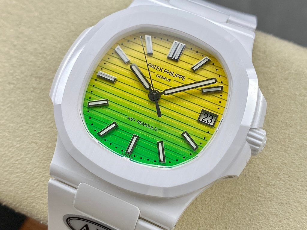 Patek Philippe Nautilus 5711 × AET Remould – White Ceramic Case & Bracelet Yellow Green Gradient Dial Date