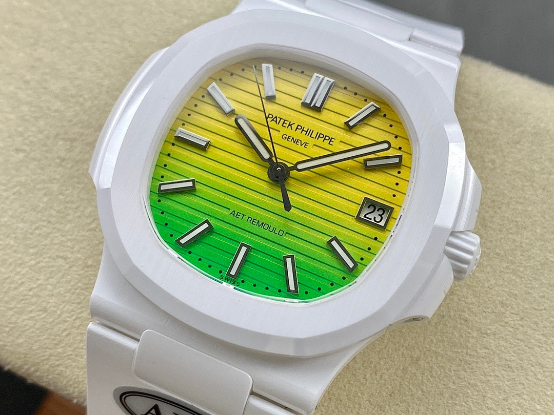 Patek Philippe Nautilus 5711 × AET Remould – White Ceramic Case & Bracelet Yellow Green Gradient Dial Date
