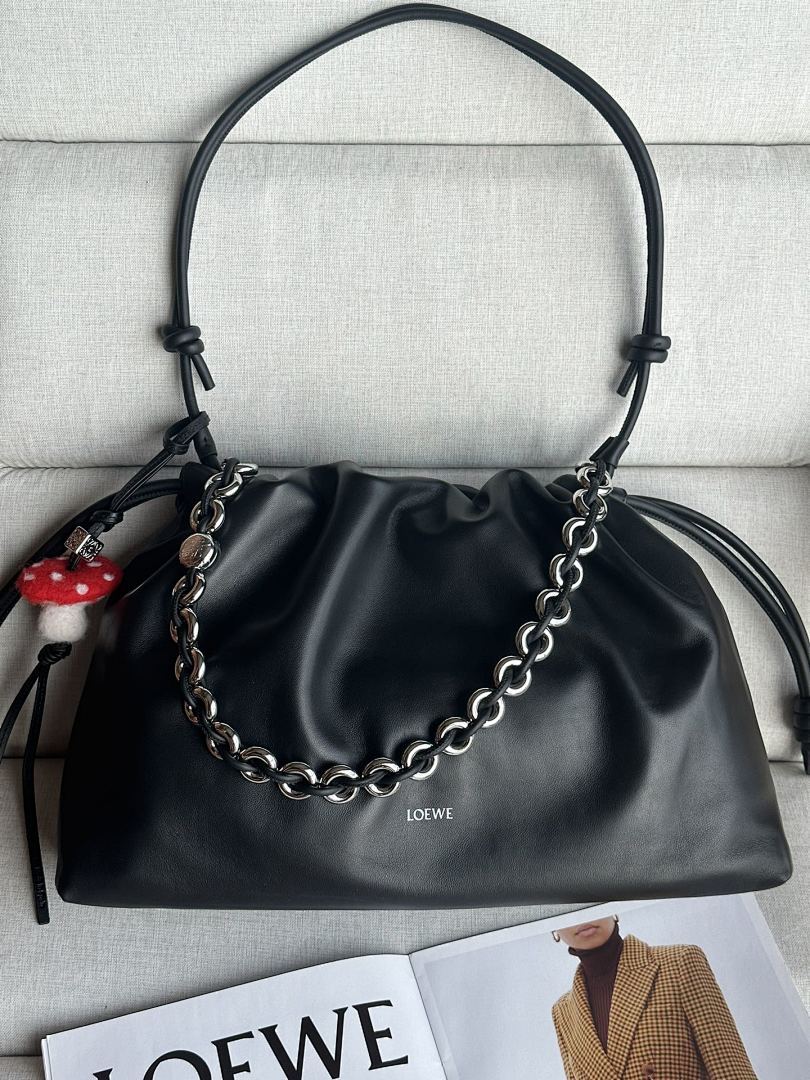 Loewe Flamenco Clutch Large – Black Nappa Leather Silver Chain Mushroom Charm