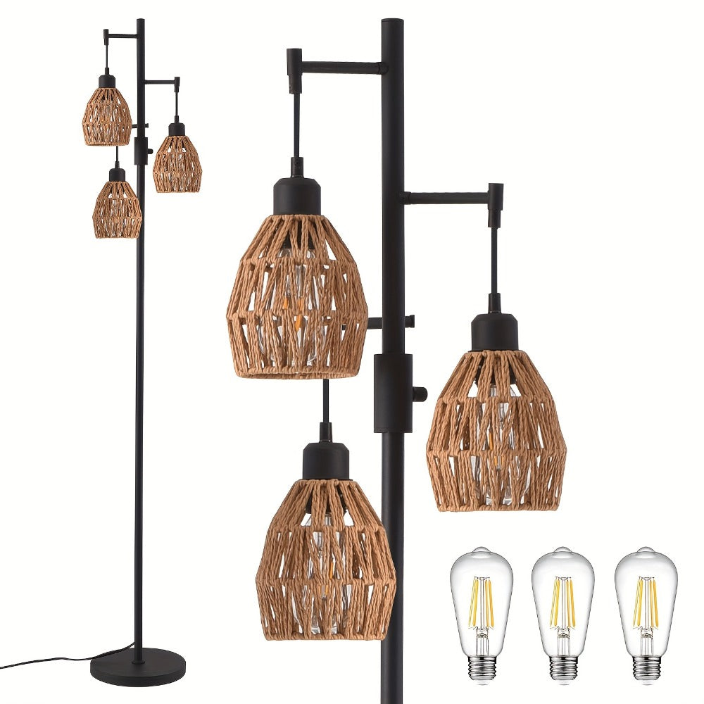 Boho Dimmable 3-Light Stepless Dimming Standing Lamp, Dining Room Warm Bohemian Home Lighting, Rattan Floor Lamp