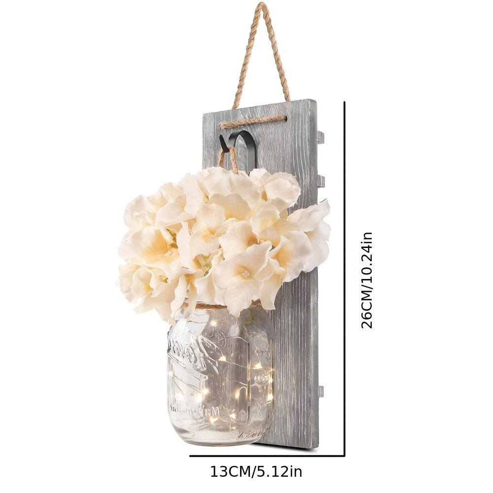 Mason Jar Wall Sconces Set of 2 - Rustic Farmhouse Wall Decor with Ivory Hydrangea Flowers