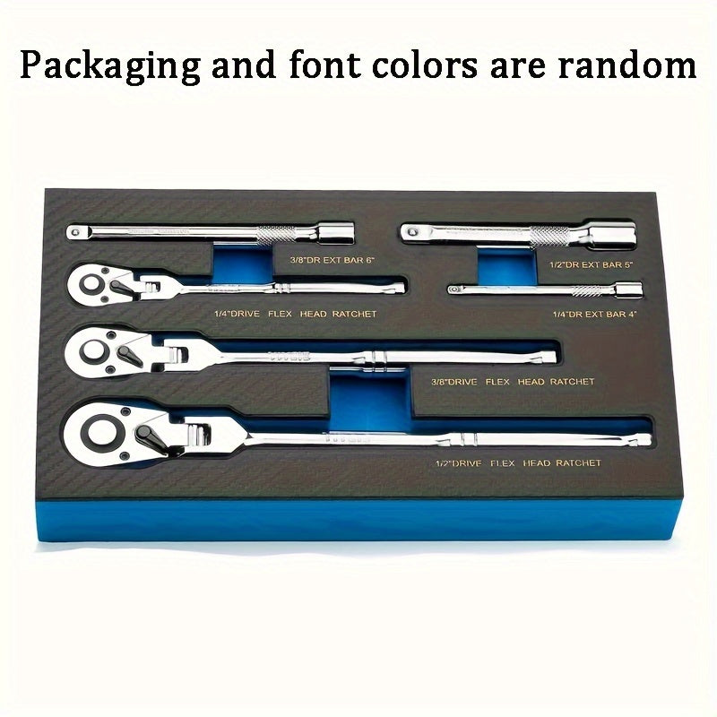 6-Piece Ratchet Wrench Set 1/4" 3/8" 1/2" Drive – Rotating Head Ratchet with Extension Bar, Chrome-Plated Stainless Steel, EVA Foam Storage Case | No Battery Required