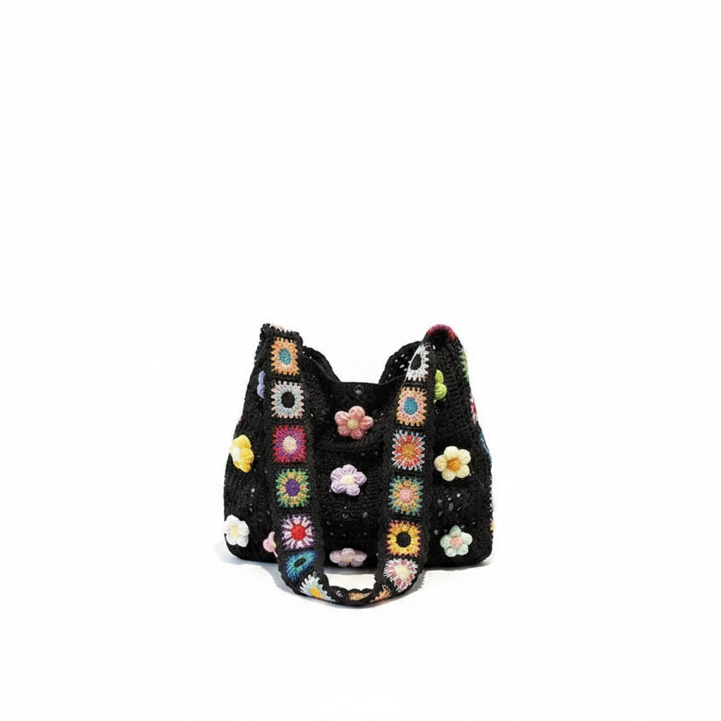 Women's Black Granny Square Crochet Bag with 3D Floral Appliqués