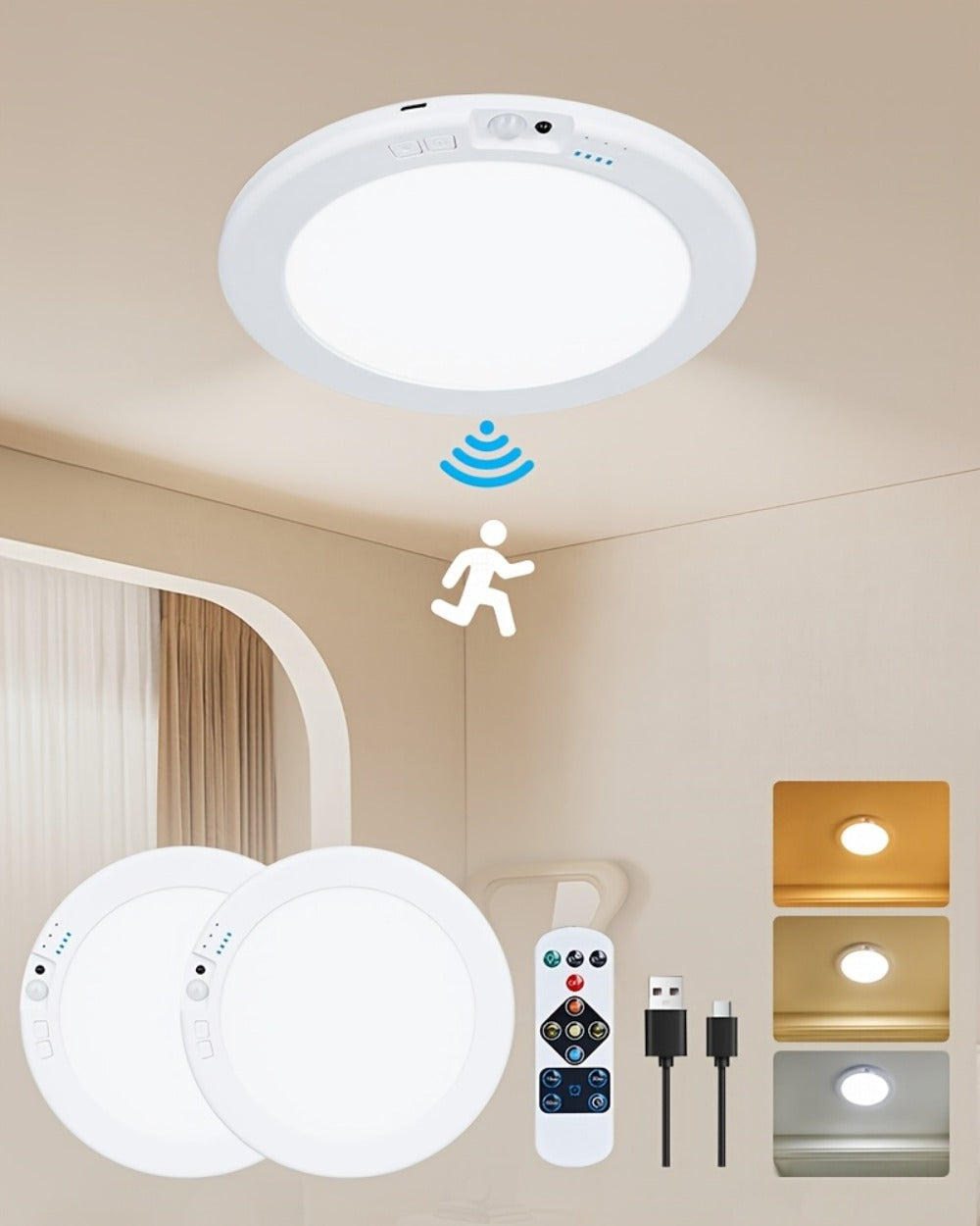 Wireless LED Ceiling Light with Motion Sensor 2 Pack - 5500mAh Rechargeable, Remote Control, 3 Brightness Modes