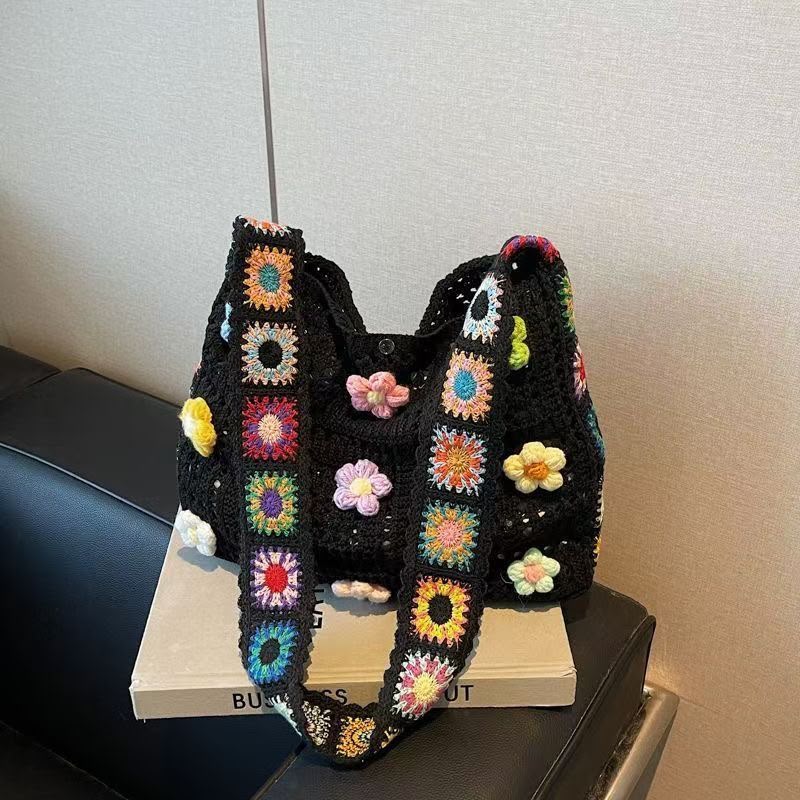 Women's Black Granny Square Crochet Bag with 3D Floral Appliqués