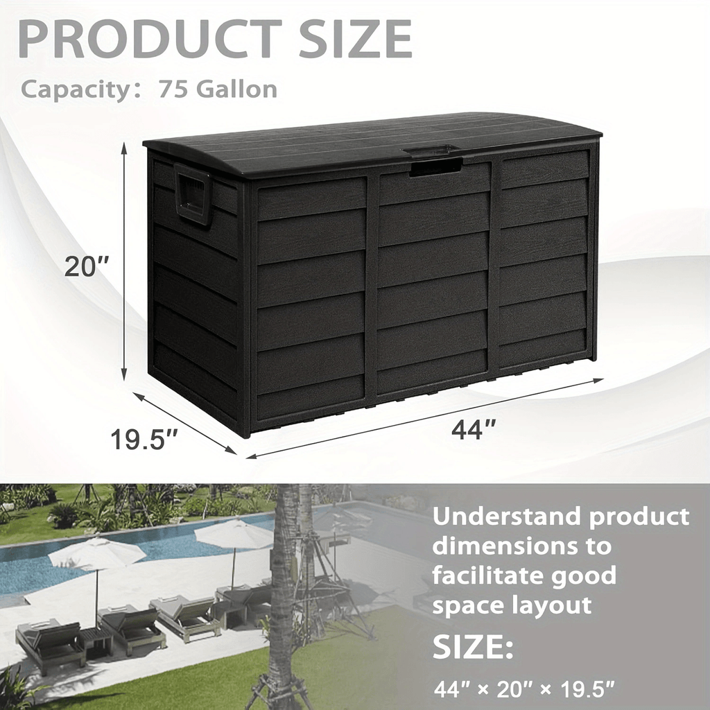 75 Gallon Outdoor Storage Box Deck Box with Handles | Large Waterproof Lockable Cabinet for Pool Accessories, Garden Tools & Camping Gear – Easy Assembly Yard Storage Bin, Pure Black