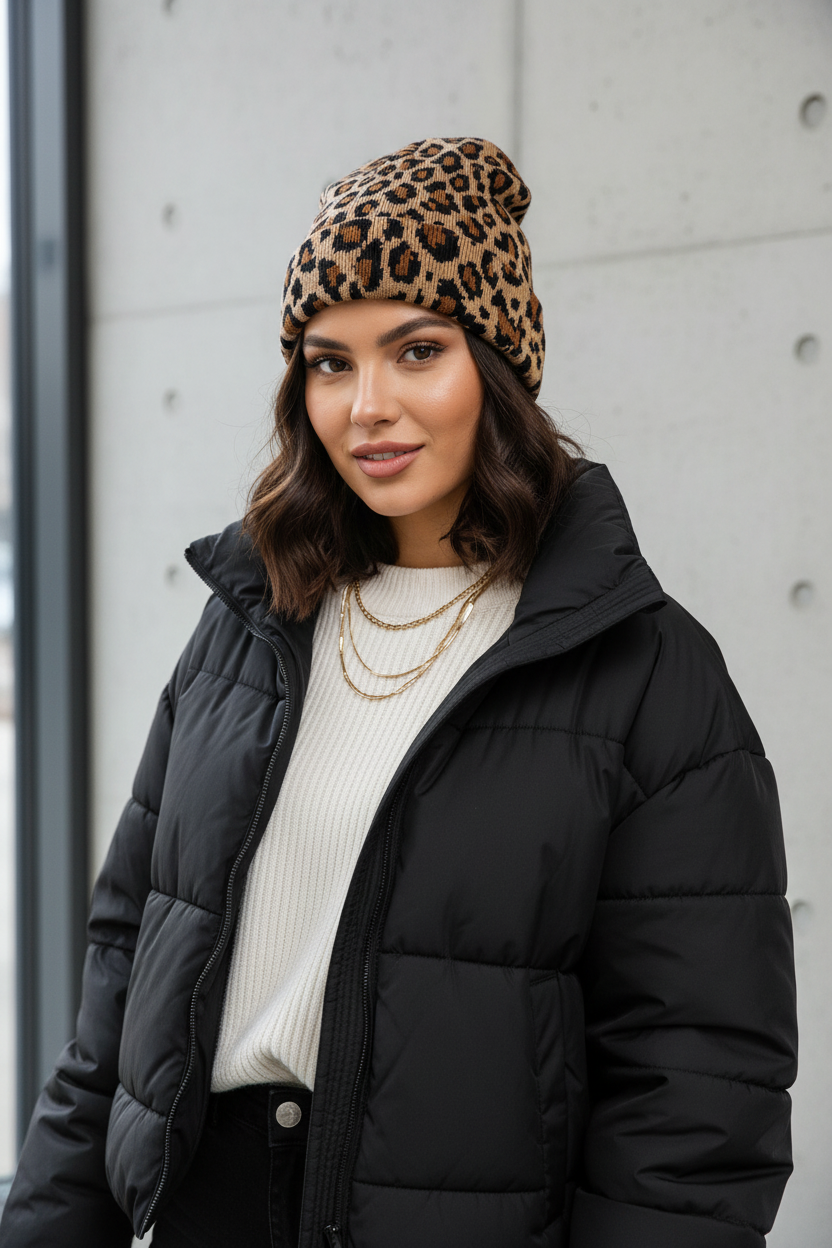 Tanner Damen-Strickmütze mit Leopardenmuster – Acryl, für alle Jahreszeiten