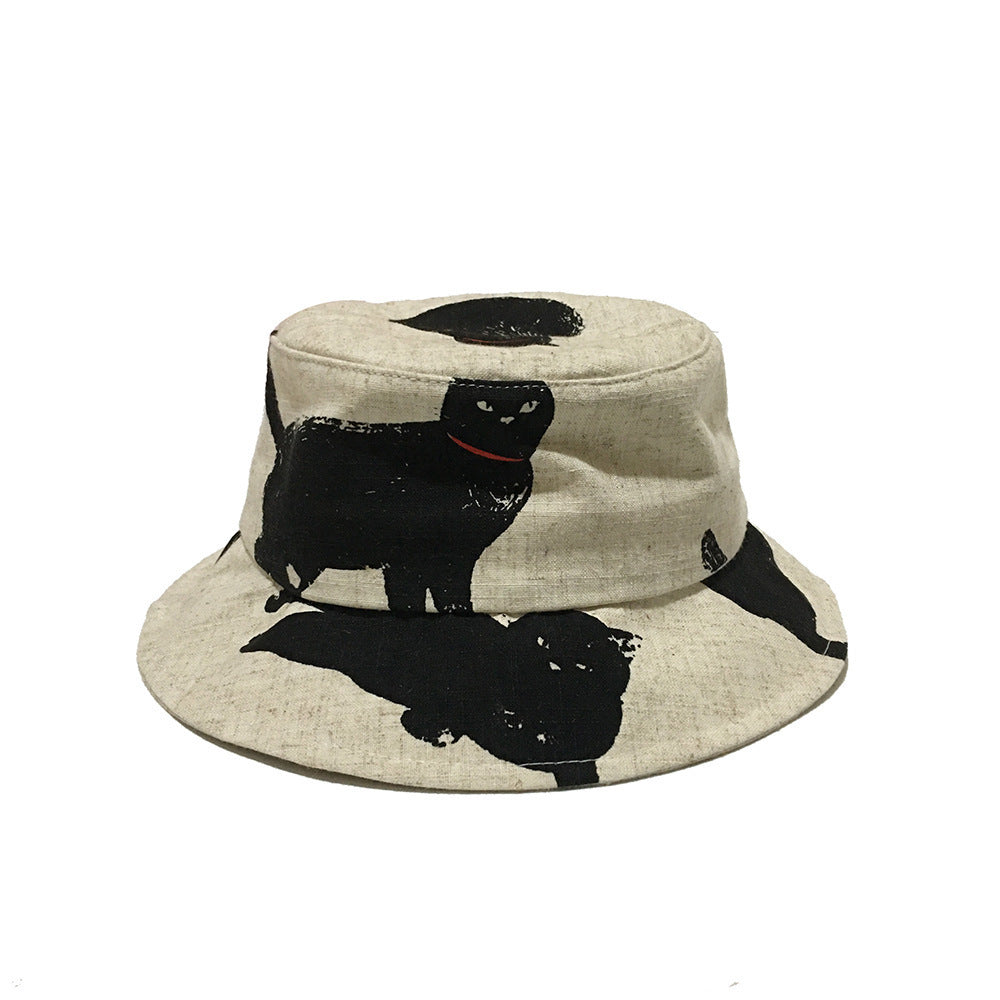 Henderson Black Cat Print Cotton Linen Bucket Hat – Flat Brim, Unisex