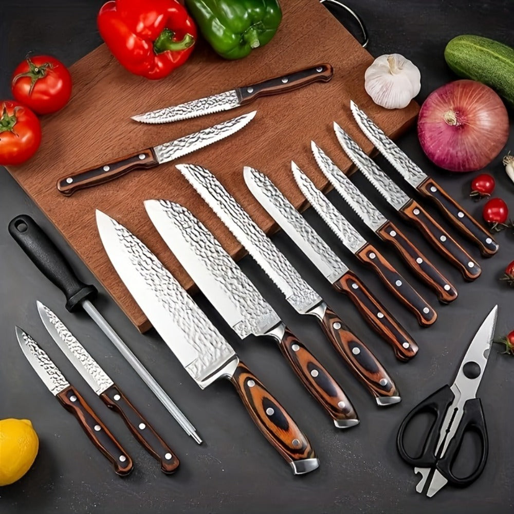 Kitchen Knife Set 15-Piece & 20-Piece Professional Chef Knives with Block Sharpener Ultra-Sharp Medium Carbon Stainless Steel Hammered Blade Wooden Handle Dishwasher Safe Gift for Men & Family