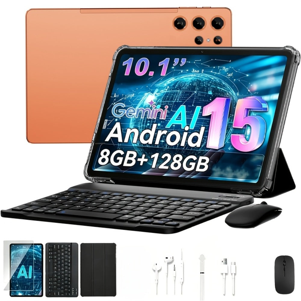 2-in-1 Tablet with Keyboard Android 15, 10.1 Inch 8GB RAM 128GB ROM 8000mAh Battery, 5G WiFi 16MP+5MP Dual Camera FHD IPS Display