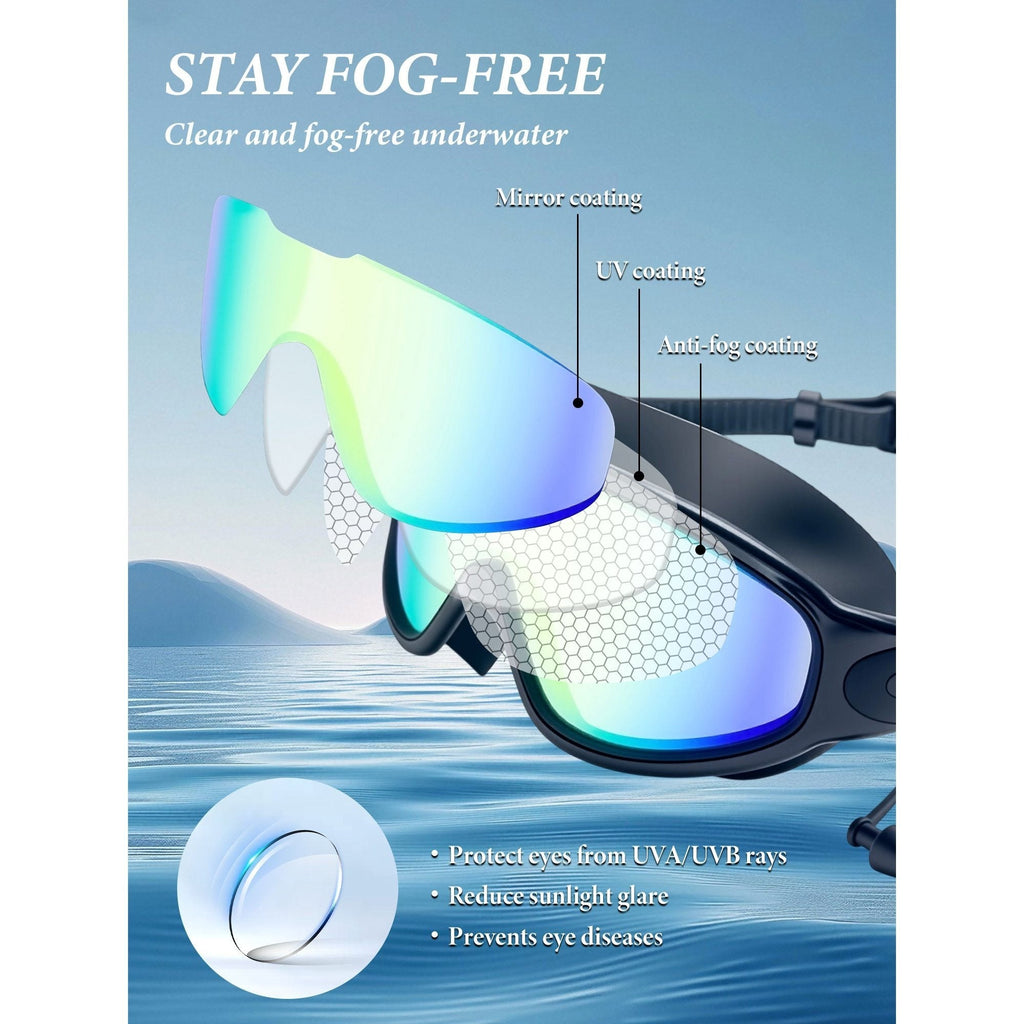 Two-Pack Mirrored Swim Goggles with Wide Lenses, Adjustable Straps, Earplugs, Nose Clip and Storage Case