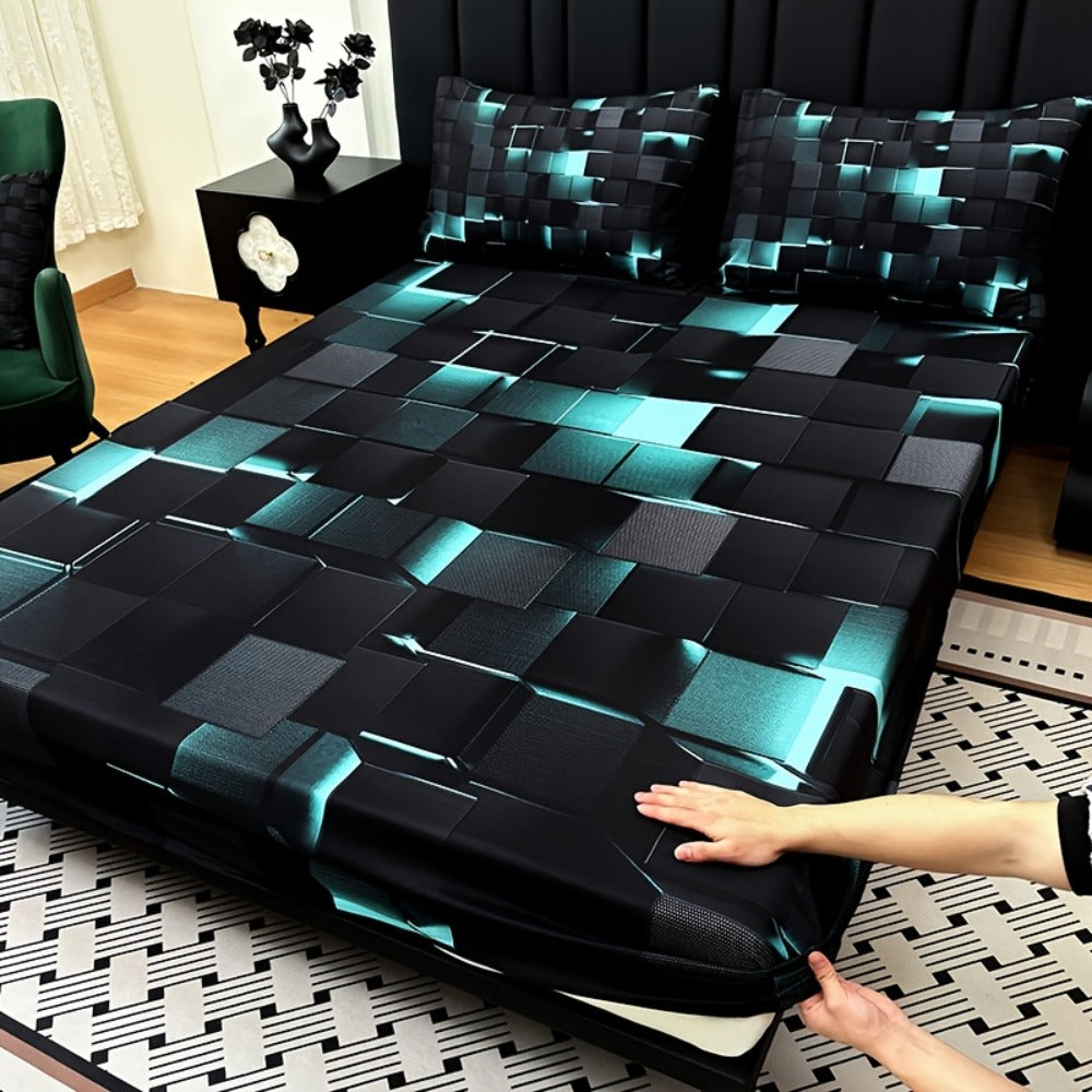 Fitted Sheet Set 3 Piece Digital Print Plaid - Deep Pocket 15 Inch Bed Sheet with 2 Pillowcases, 85% Polyester Soft Breathable Bedding Set for Twin Full Queen King, All Season Mattress Cover