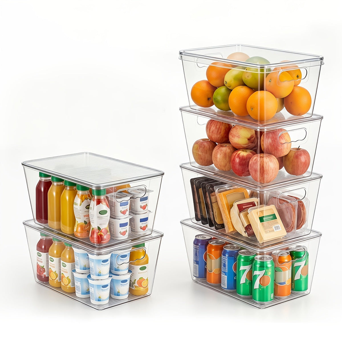 Storage Bins for Home Organization, Six Clear Stackable Containers with Matching Lids and Side Handles