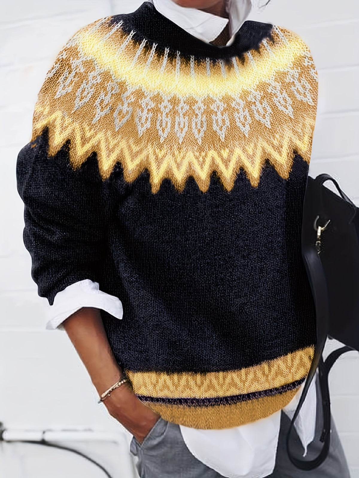 Sylvia | Grobstrick-Jacquardpullover mit Rundhalsausschnitt