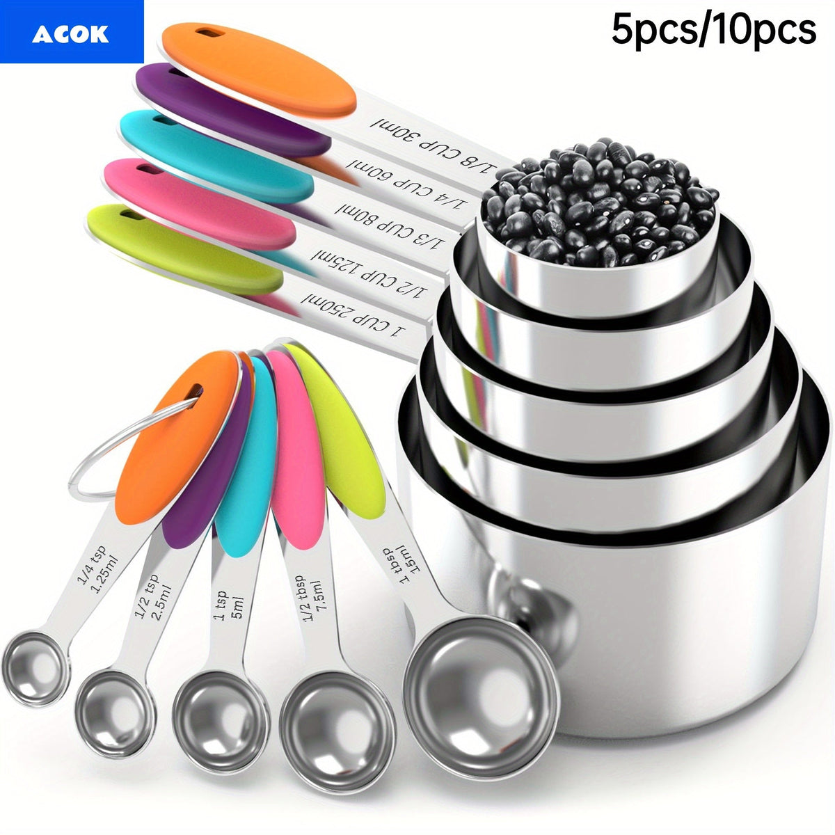 Measuring Cups and Spoons Set 10-Piece Stainless Steel with Silicone Handle, Precise Baking & Cooking Measurement Tools