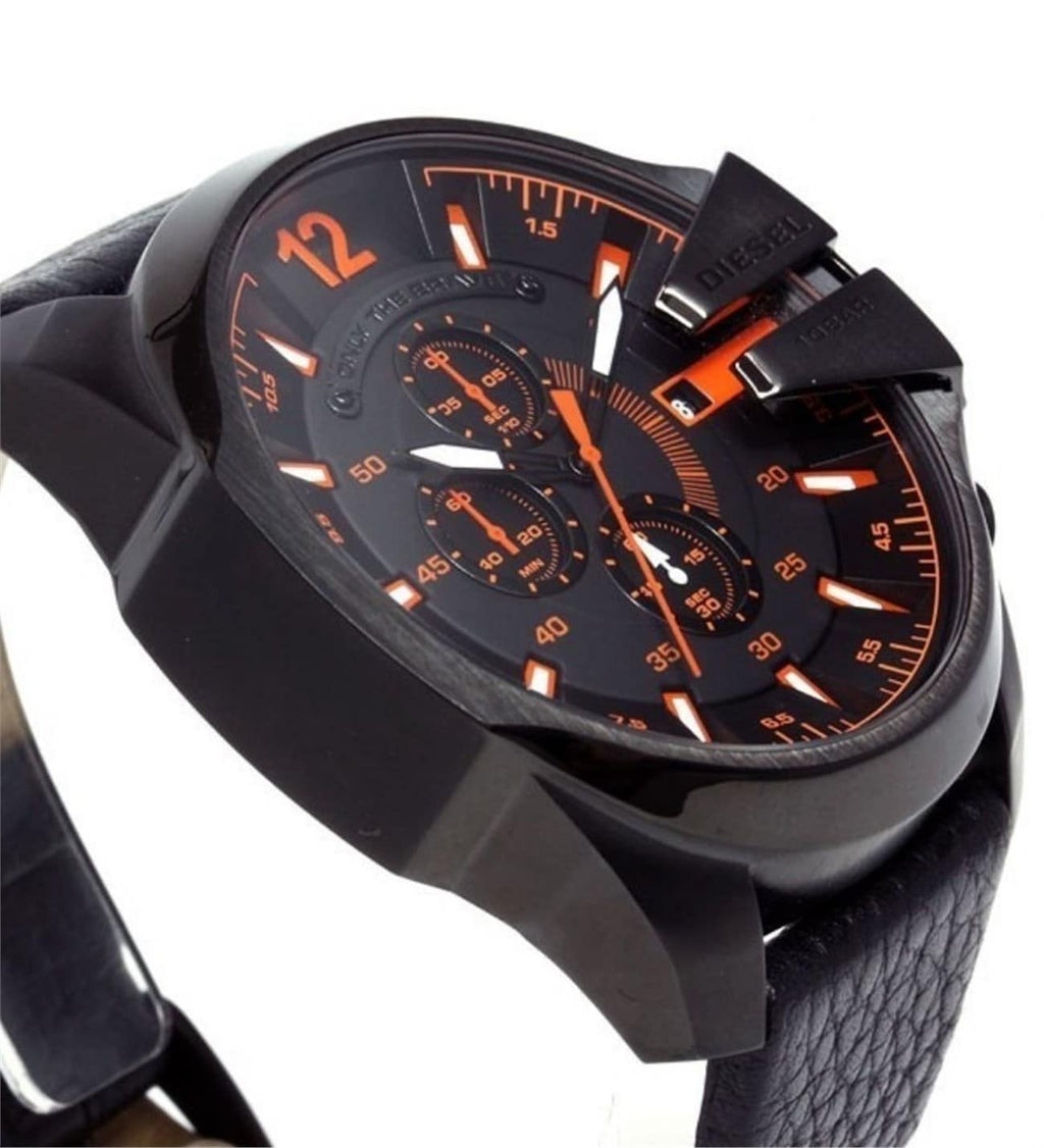 Diesel DZ4291 Mega Chief Chronograph Herrenuhr – Schwarzes Zifferblatt & schwarzes Lederarmband