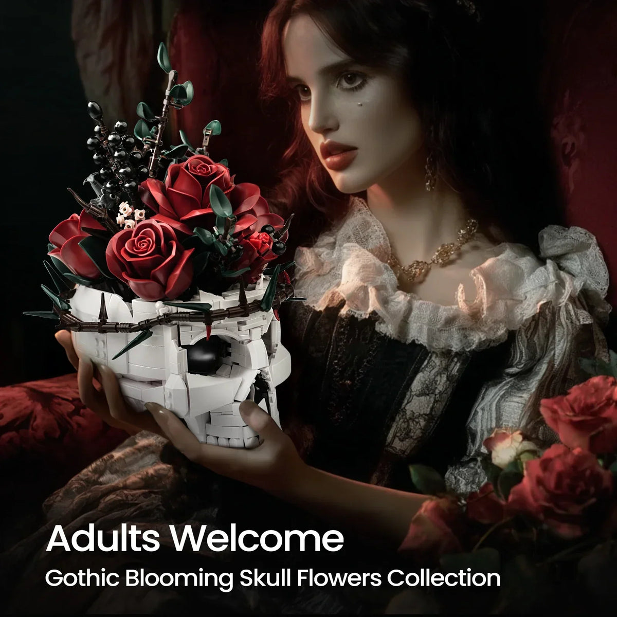 Gothic Skull Roses Bouquet Building Blocks Set