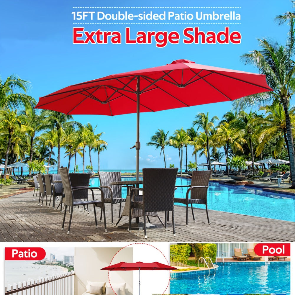 Patio Umbrella 15x9FT Double-Sided Style with 12 Steel Ribs, Dual Vents, Crank and 11 Colors