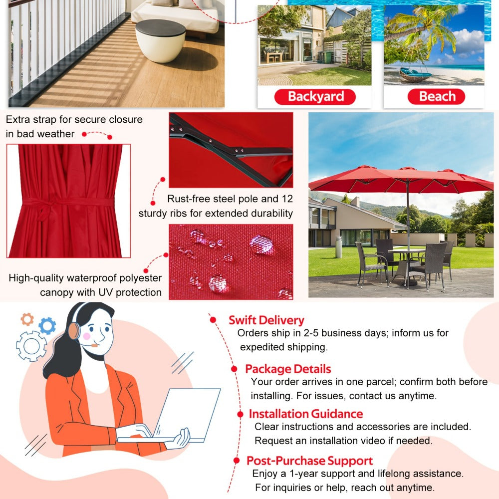 Patio Umbrella 15x9FT Double-Sided Style with 12 Steel Ribs, Dual Vents, Crank and 11 Colors