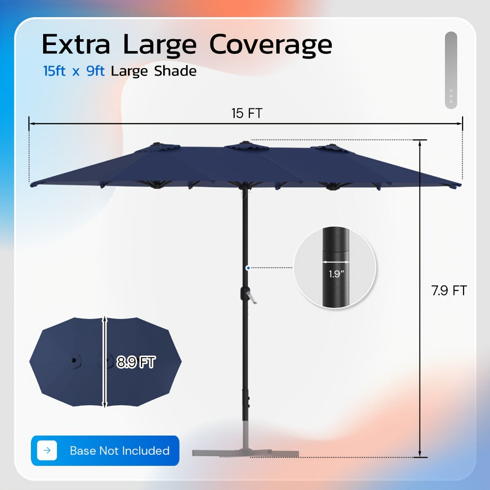 Patio Umbrella 15x9FT Double-Sided Style with 12 Steel Ribs, Dual Vents, Crank and 11 Colors