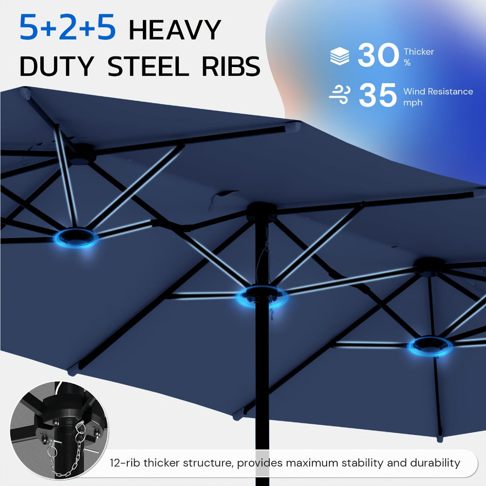 Patio Umbrella 15x9FT Double-Sided Style with 12 Steel Ribs, Dual Vents, Crank and 11 Colors