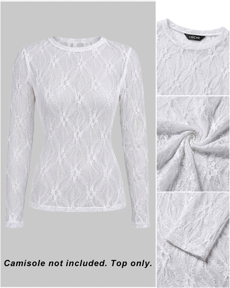 Women's Jacquard Textured Sheer Lace Long Sleeve Top Crewneck Slim Fit Tee with Thumb Holes