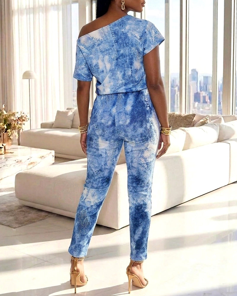 Damen-Jumpsuit in Denim-Optik mit schrägem Ausschnitt, kurzen Ärmeln, Kordelzug in der Taille und schmaler Passform