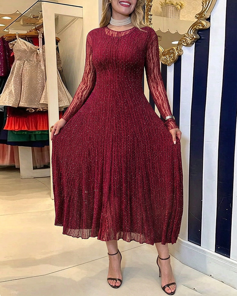 Women's Rhinestone Lace Long Sleeve Maxi Dress Crew Neck Textured A-Line Evening Gown