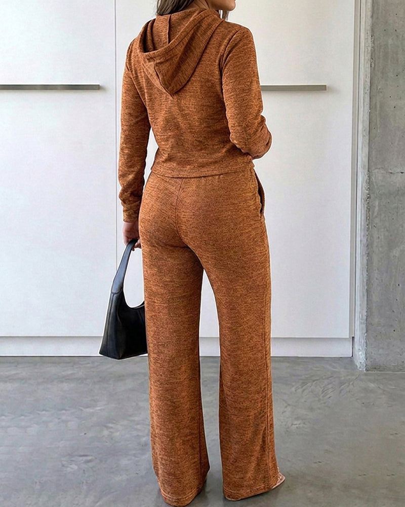 2 Pieces Outfit Long Sleeve Zip Up Drawstring Hoodie Coat and Casual Elastic Waist Seam Front Straight Leg Pants Set