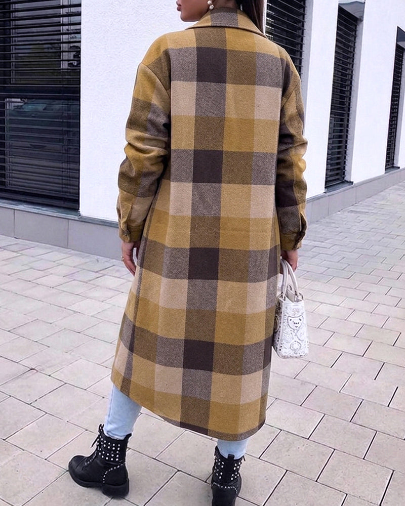Women's Plaid Turn-Down Collar Button Front Flap Pocket Asymmetrical Hem Longline Coat