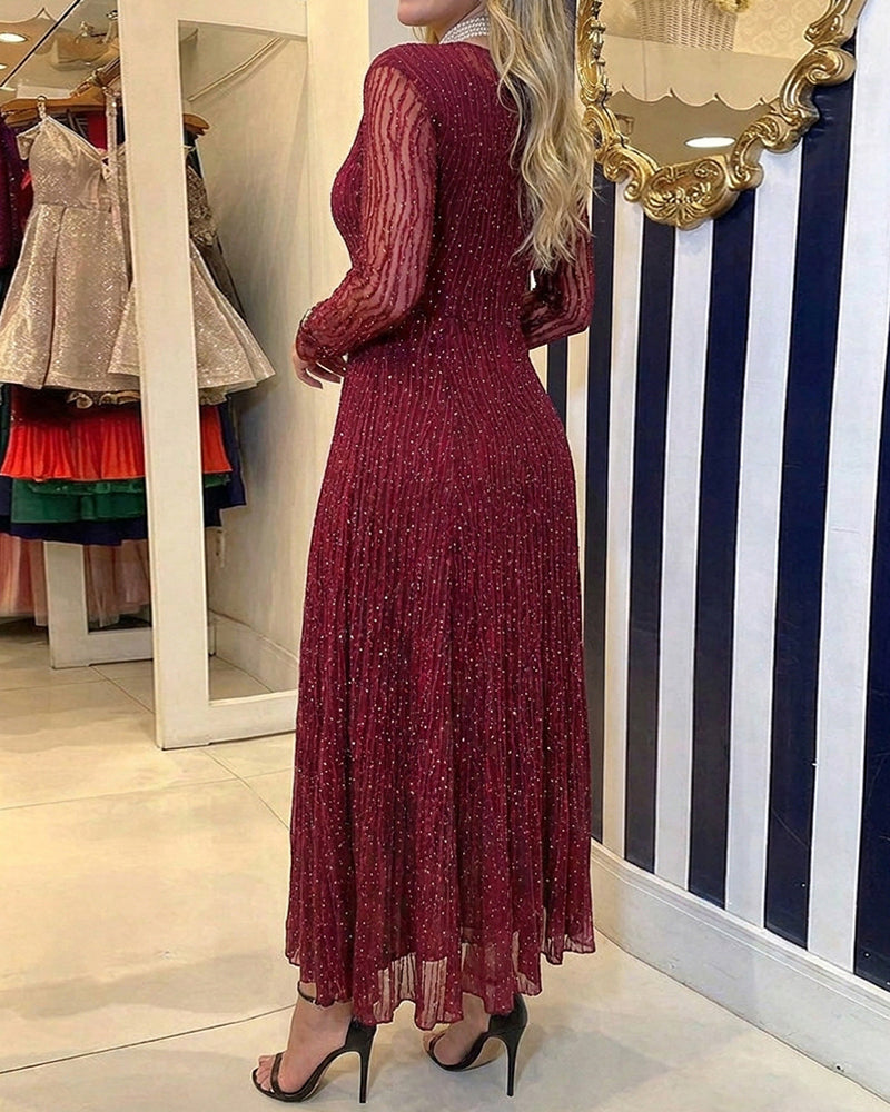 Women's Rhinestone Lace Long Sleeve Maxi Dress Crew Neck Textured A-Line Evening Gown