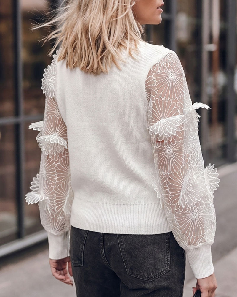 Women's Mesh Long Sleeve Cardigan Embroidered V Neck Knit Sweater Rhinestone Button Ribbed Slim Fit Casual Coat