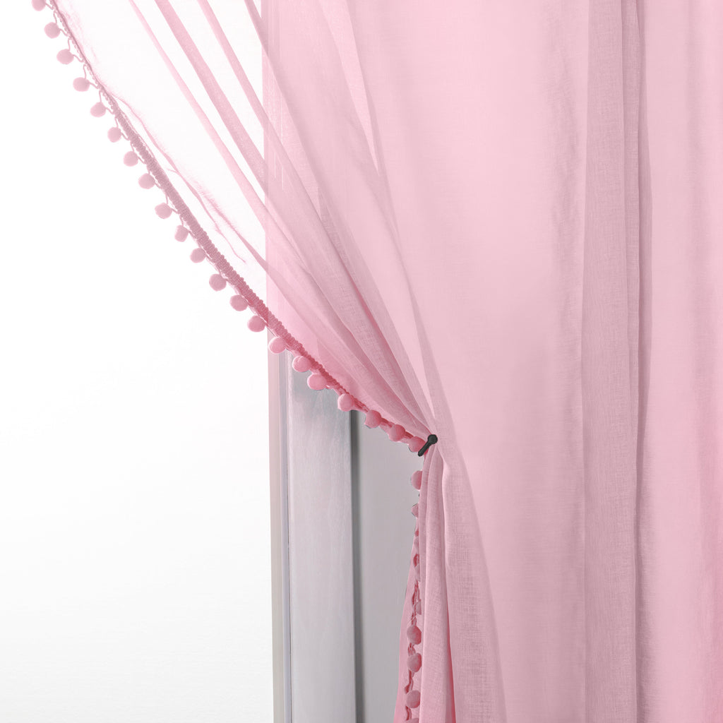Elegant Comfort Set of 2 Pom Pom Tasseled Sheer Curtain - Rod Pocket