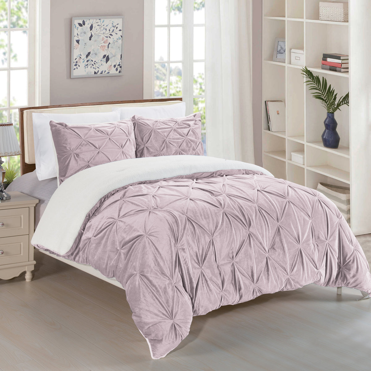 Elegant Comfort 3-Piece Pinch Pleated Micro-Suede Reversible Sherpa - Comforter Set