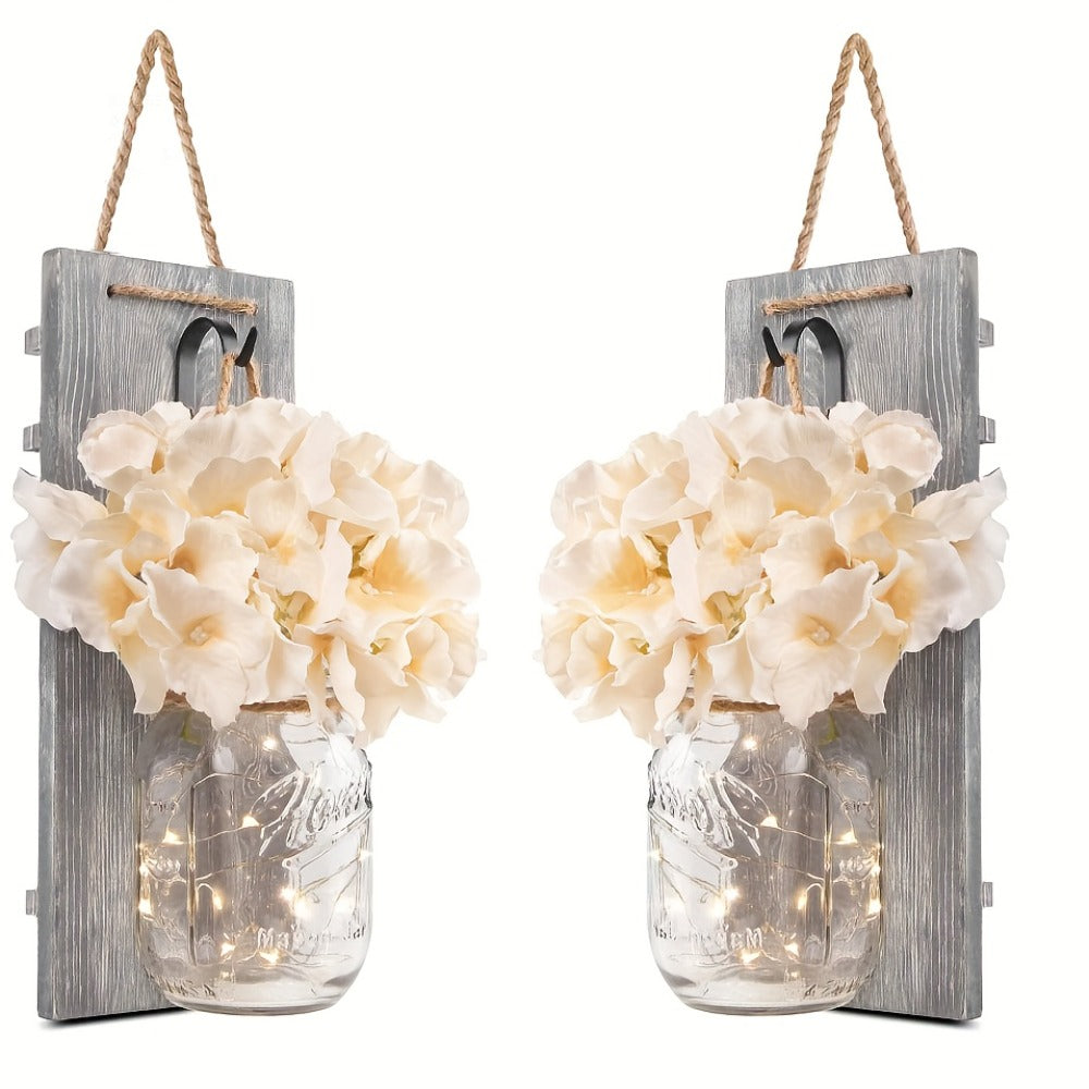 Mason Jar Wall Sconces Set of 2 - Rustic Farmhouse Wall Decor with Ivory Hydrangea Flowers