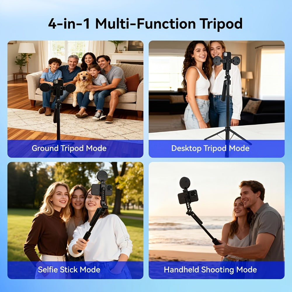 70-Inch Black Tracking Selfie Stick Tripod with Round Fill Light, Floor Base, Remote and Three Light Settings