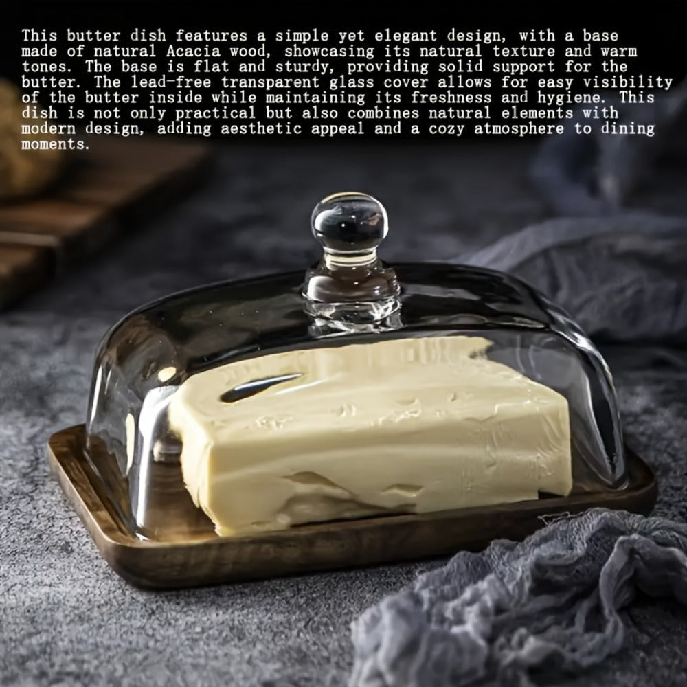 Butter Dish, Wooden Base Clear Glass Cloche Lid and 18 x 12 x 10.9 cm Serving Tray for Table Use