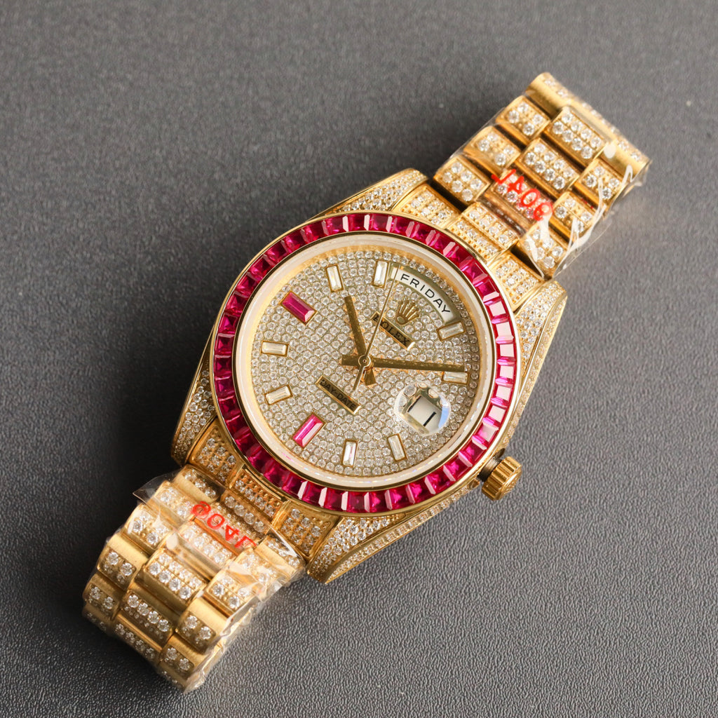 Rolex Day-Date Iced Out – Yellow Gold Diamond Pavé Dial Ruby Baguette Bezel President Bracelet