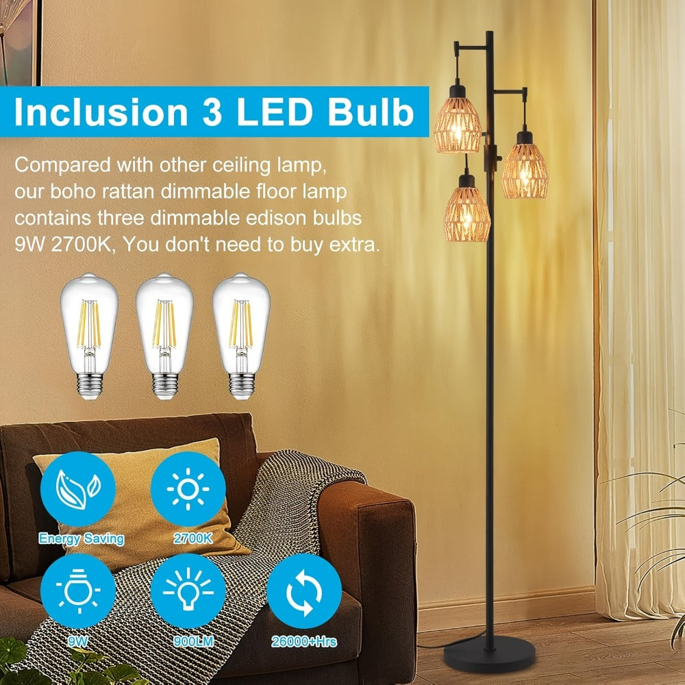 Boho Dimmable 3-Light Stepless Dimming Standing Lamp, Dining Room Warm Bohemian Home Lighting, Rattan Floor Lamp