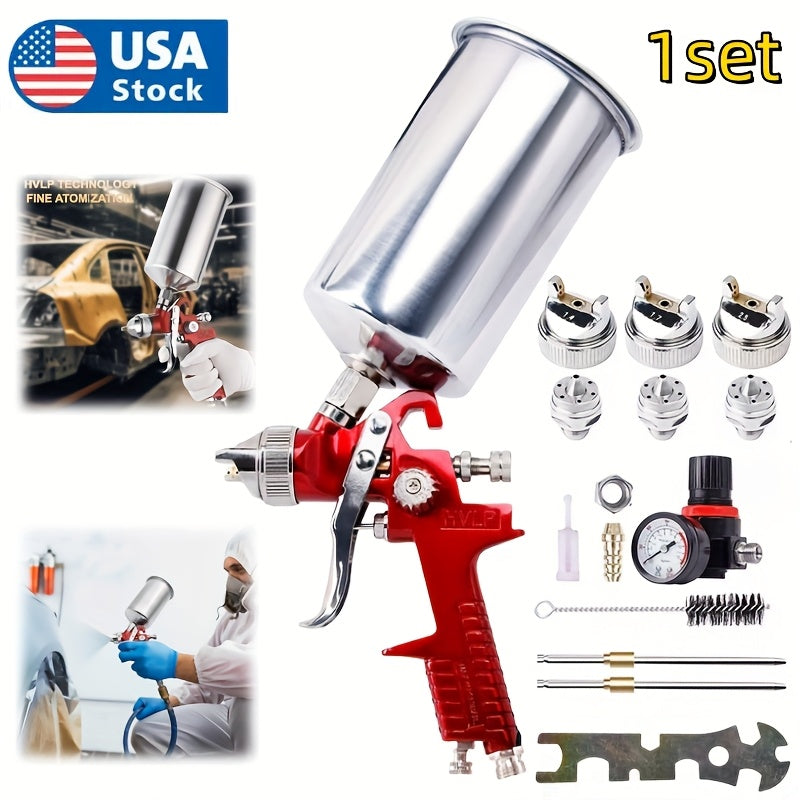 HVLP Gravity Feed Spray Gun Set – 3 Nozzles (1.4 / 1.7 / 2.0mm) with 1000cc Aluminum Cup for Automotive Painting, Base Coat, Clear Coat & Touch-Up, Stainless Steel Needle, Red