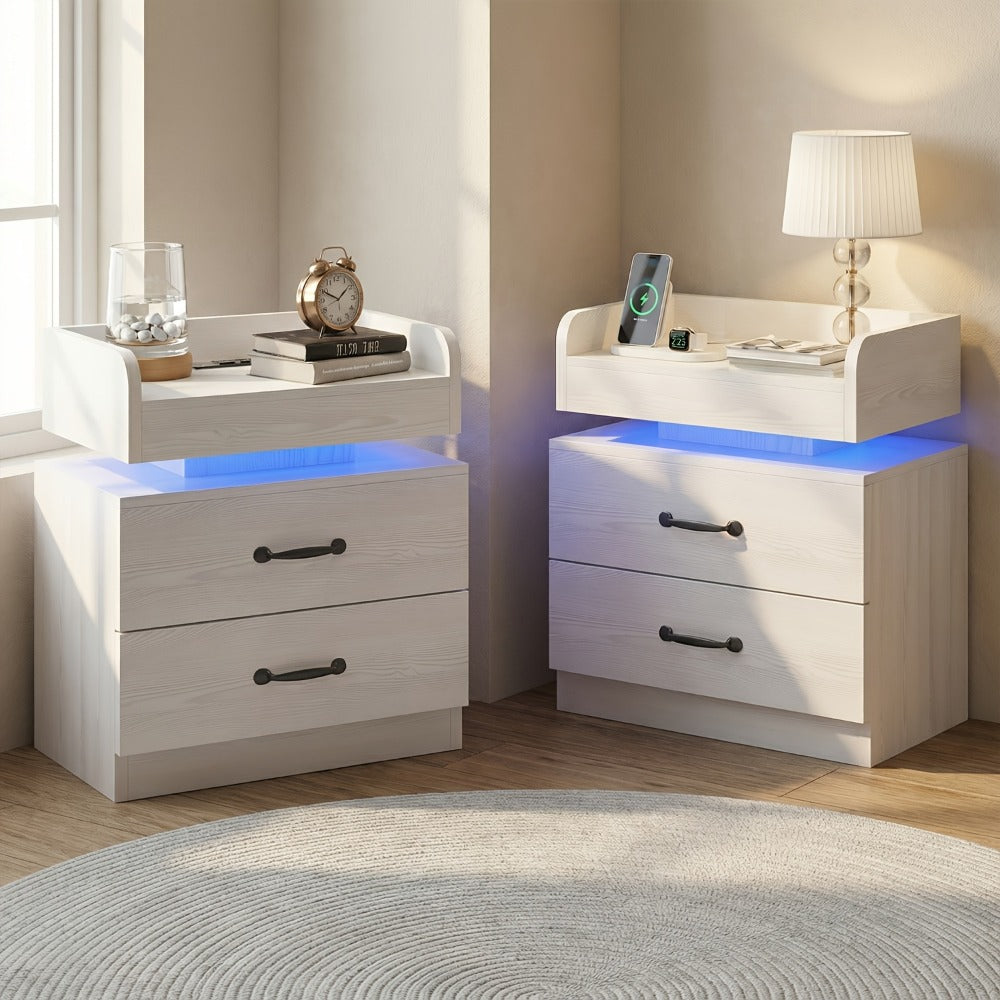 Bedside Table in Black or White in a Tray-Top Two-Drawer Charging Station Nightstand Design with LED Light
