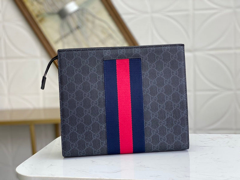 Gucci GG Supreme Web Stripe Zip Pouch Clutch – Black Grey