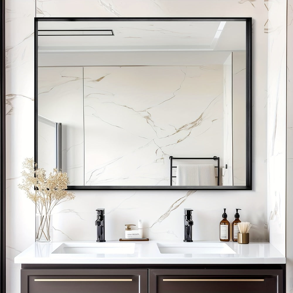 Bathroom Mirror with Rectangular Metal Frame, Horizontal or Vertical Wall Mounting in Three Finishes