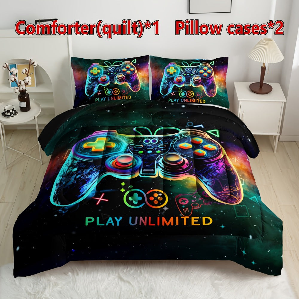 Gaming Controller Print Comforter Set with Two Pillowcases, 180 GSM Fill and Twin, Full, Queen or King Sizes