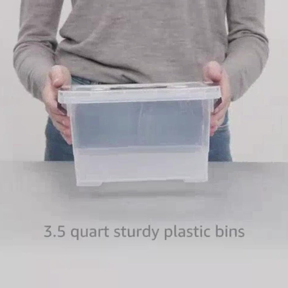 Storage Bins for Small-Item Organization, Six-Pack Clear Stackable Boxes with Brown Latches and Lid Handles